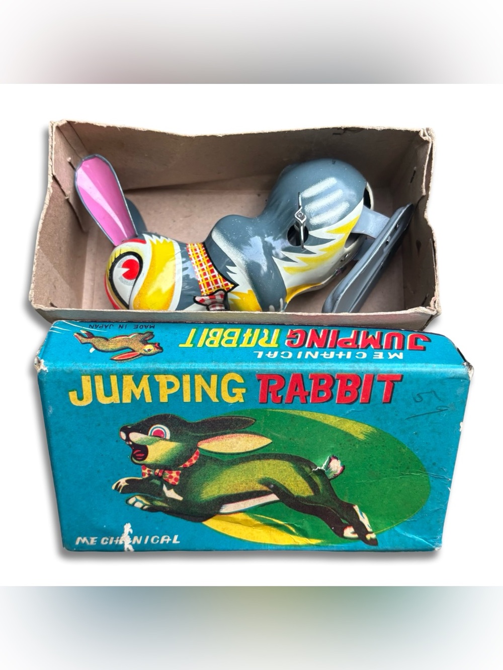 Vintage 1950s Japanese Tin Litho Wind-Up JUMPING RABBIT Toy w/ Original Box